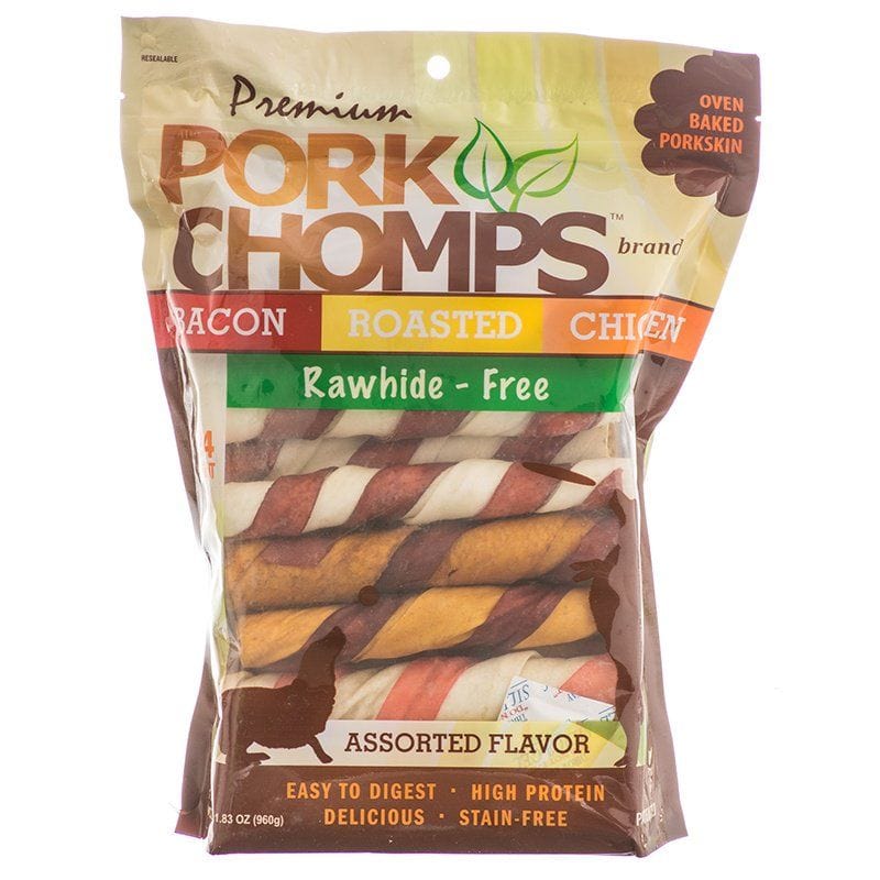 Scott Pet Dog 24 Count - Assorted Flavors - (6" Chews) Pork Chomps Premium Assorted Pork Twistz - Bacon, Roasted & Chicken Flavors